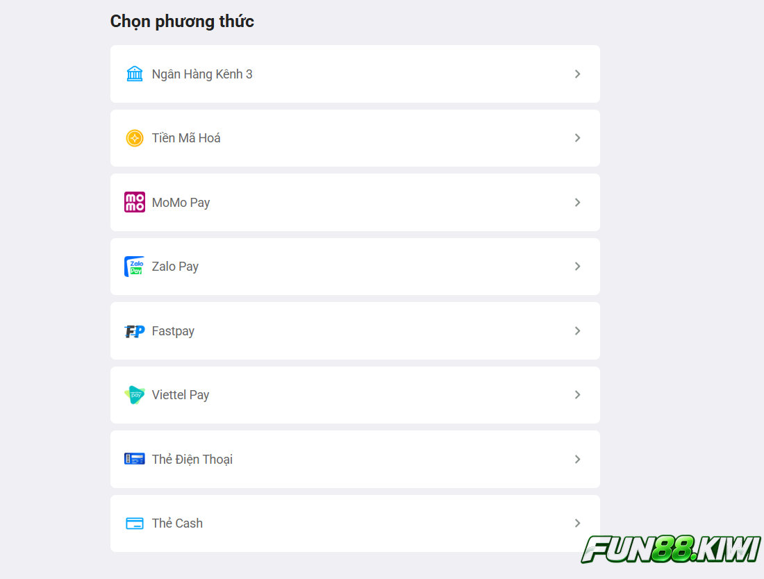 Fun88 hỗ trợ người chơi thực hiện nạp tiền qua rất nhiều các phương thức khác nhau 