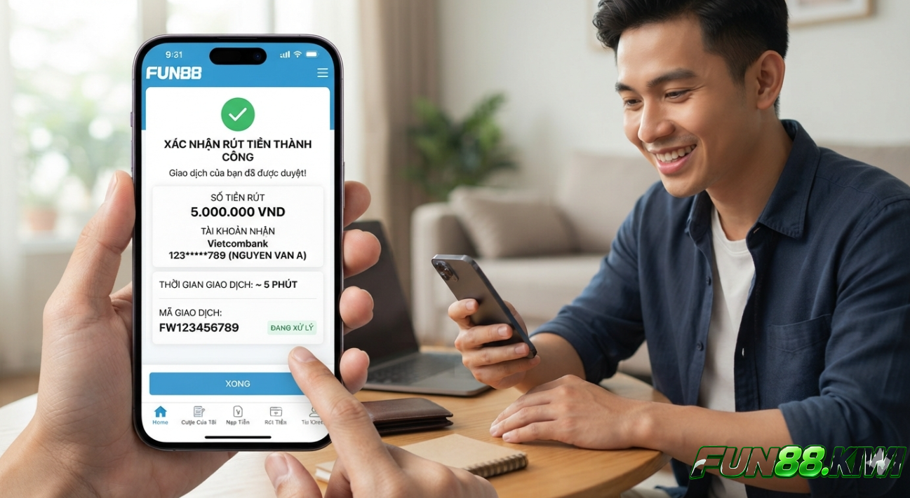 Fun88 có thời gian xử lý giao dịch nhanh chóng chỉ từ 5 đến 10 phút 