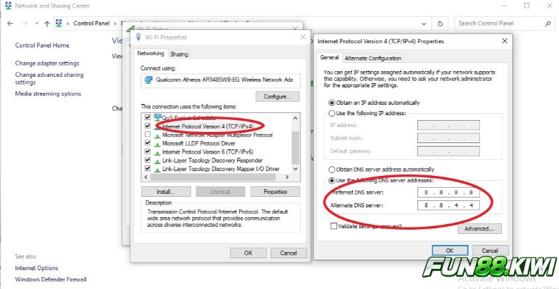 Đổi DNS Google 8.8.8.8 cho Windows tối ưu cách vào Fun88 khi bị chặn