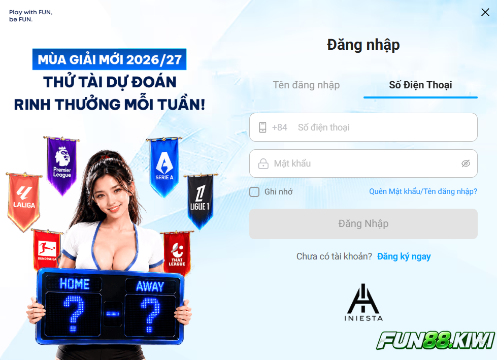 Đăng nhập Fun88 thông qua số điện thoại 