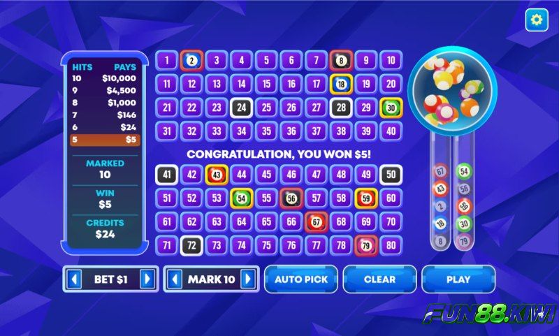 Cược cơ bản Keno Fun88 còn có tên gọi là cược trùng số
