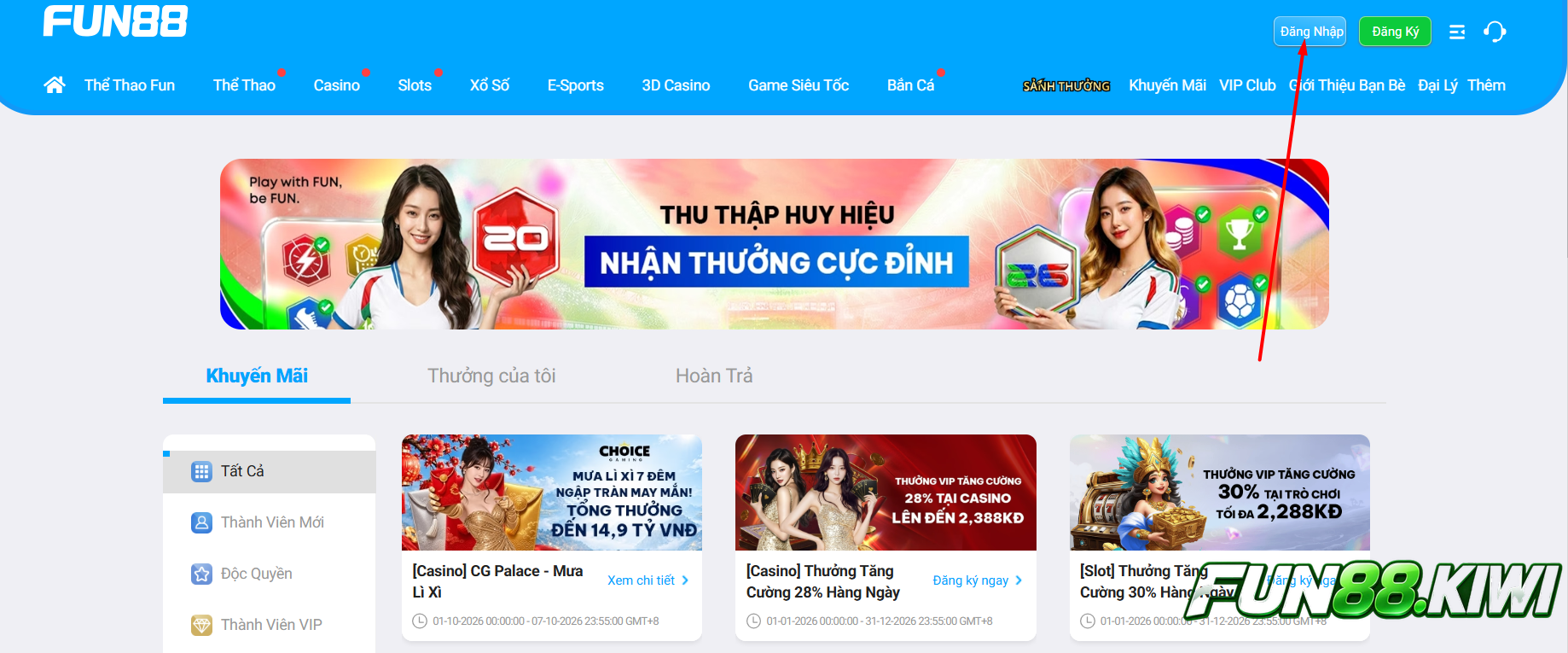 Nhấn chọn mục đăng nhập để lấy lại mật khẩu khi quên mật khẩu Fun88 