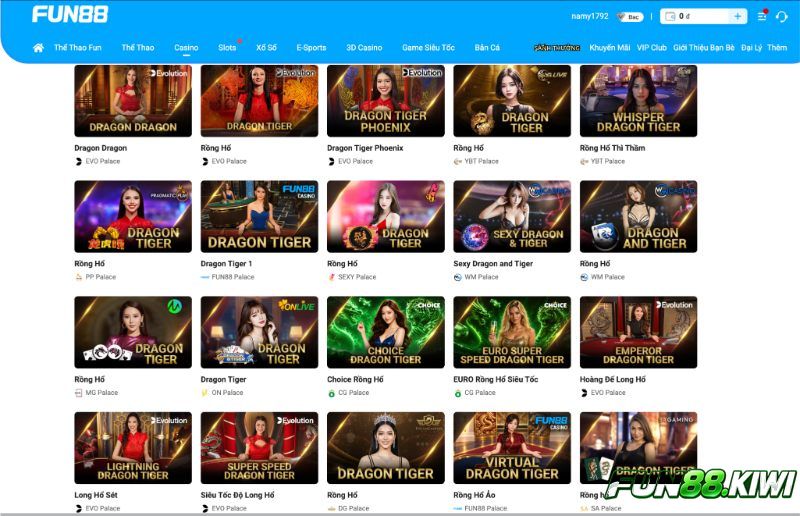 Hệ thống cược Rồng Hổ Fun88 khá đa dạng bàn đấu thoả sức để bạn chọn